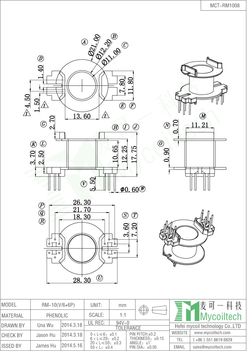 Transformer Bobbin 6+6 Pins RM10 bobbin from MCT
