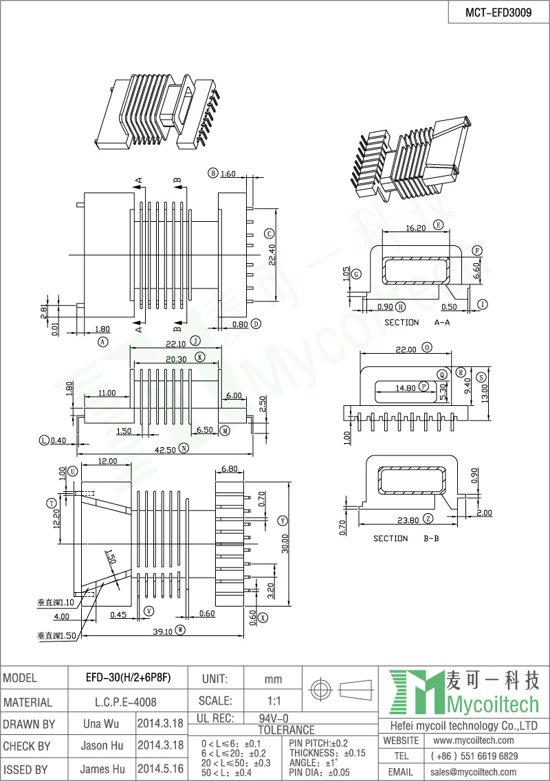 Best quality transformer bobbin for EFD30 transformer with 2+6 pins bobbin