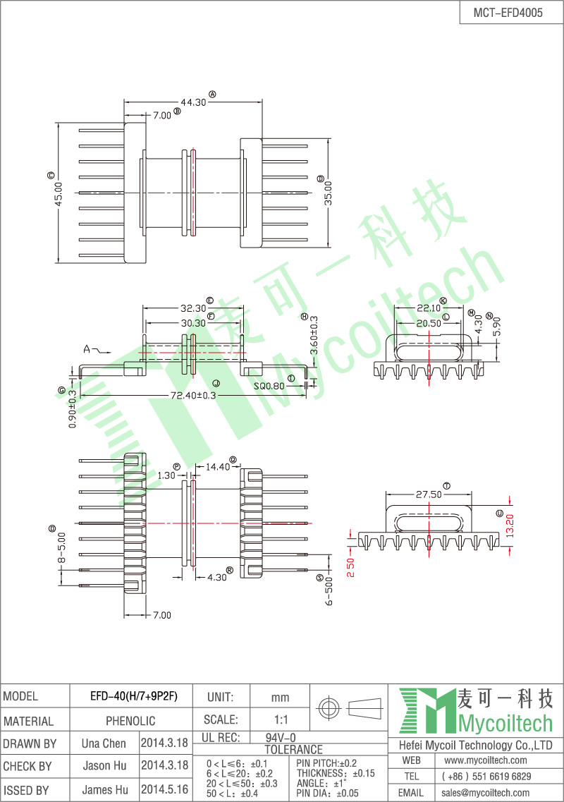 Single or multi section EFD40 coil former