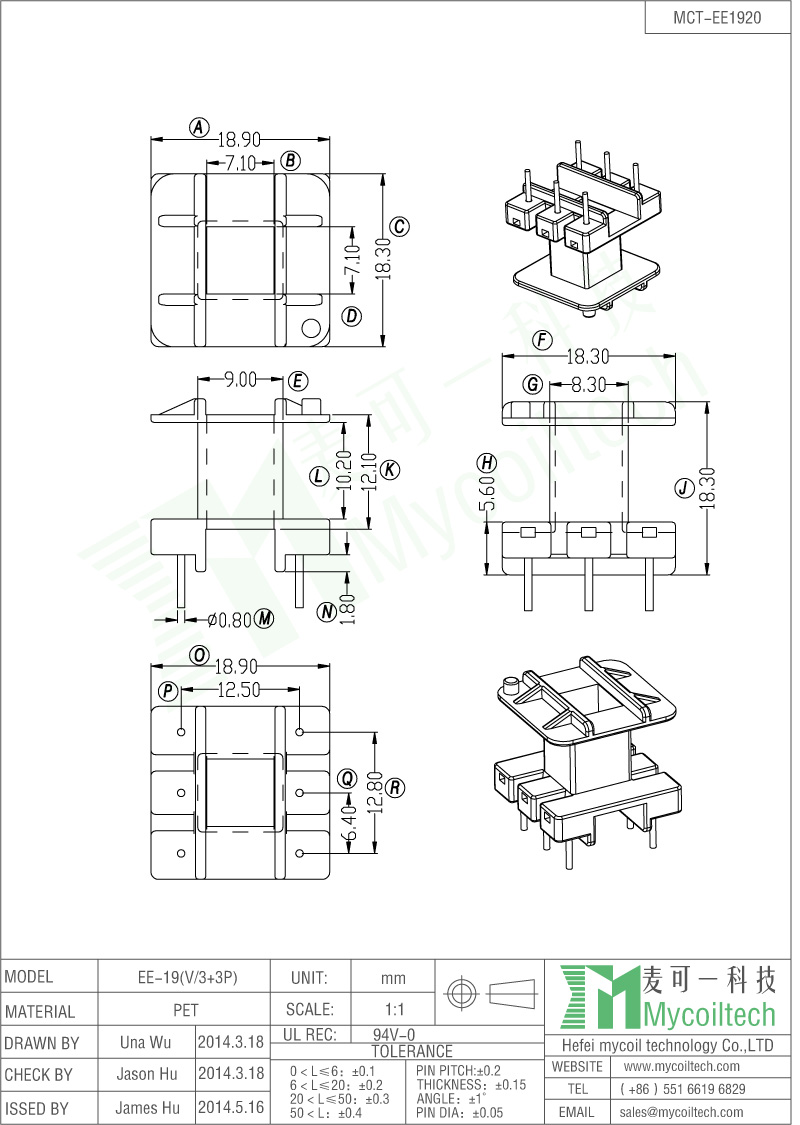 Competitive price ee19 bobbin 3+3 pins coil former