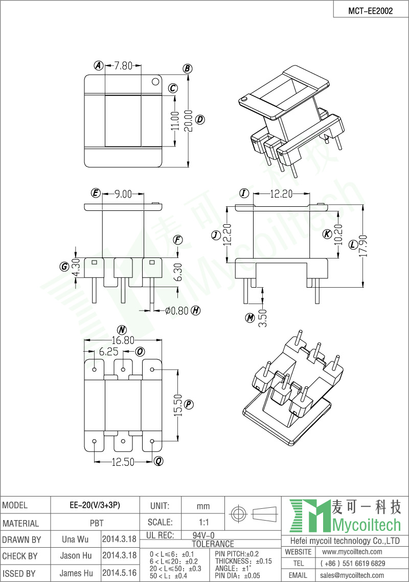 EE20 FBT Material High Frequency Transformer Bobbin 