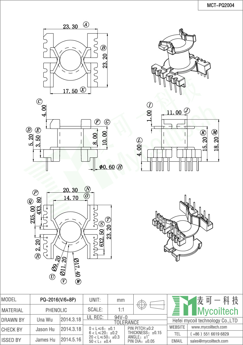 6+8 pin PQ20 coil former factory