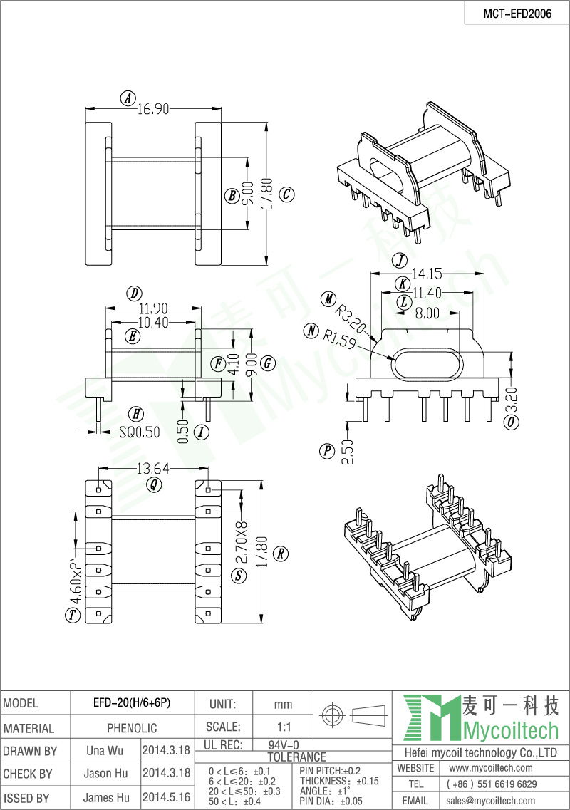 EFD20 phenolic bobbin 6+6 pin 