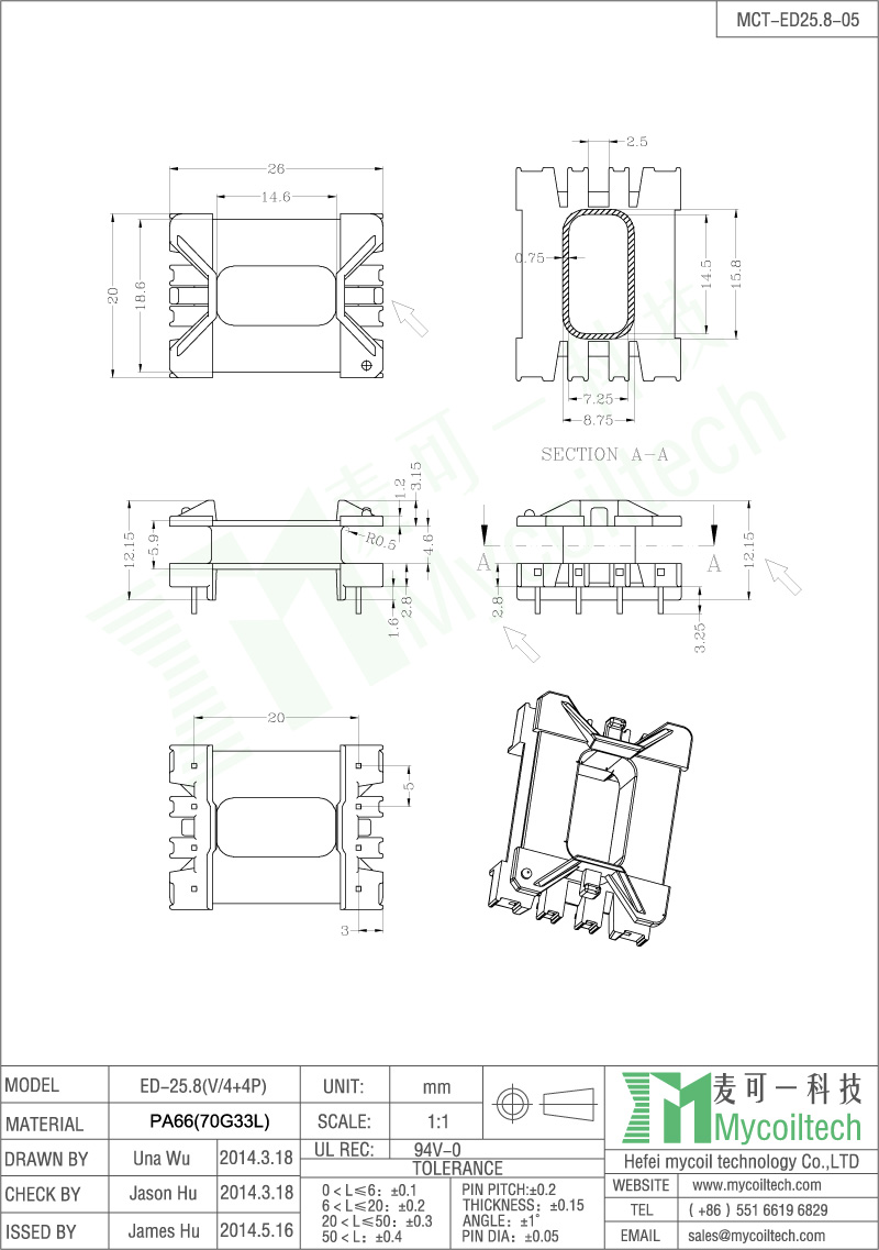 New design transformer bobbin ED25.8 4+4 pin manufacture