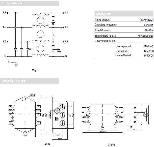 Three phase four line EMI noise filter