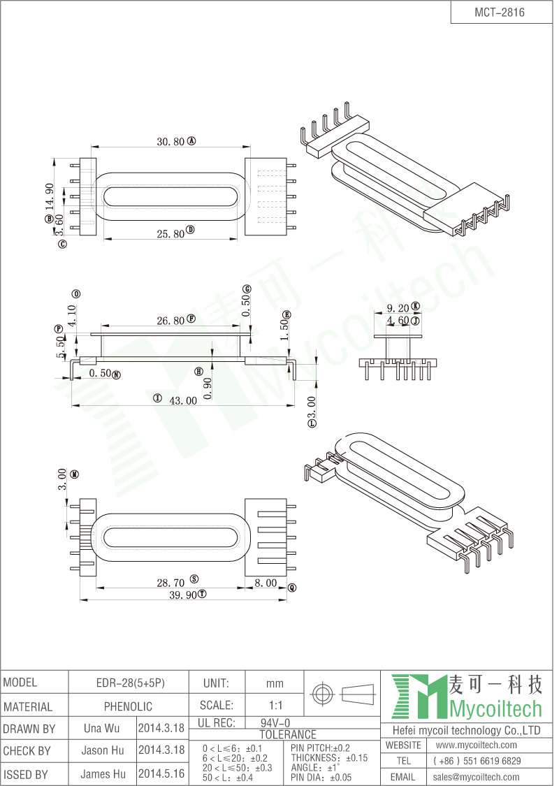 EDR2816 phenolic bobbin 5+5 pins