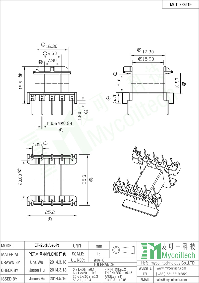 Transformer bobbin EF25 5+5 pins