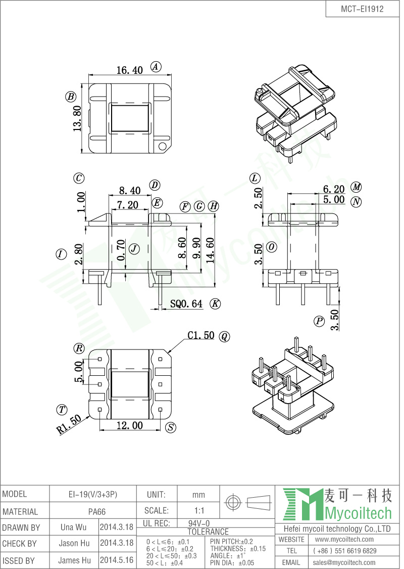 EI19 3+3 pin transformer bobbin