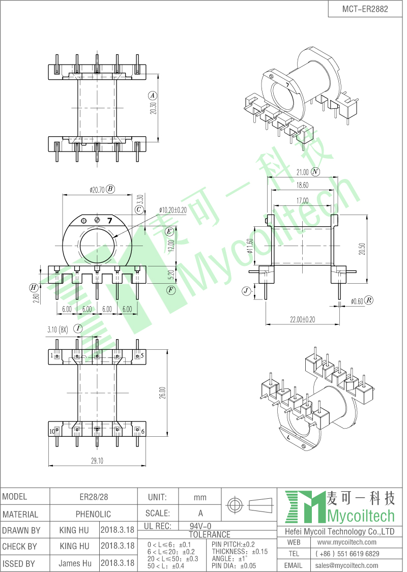 5+5 pin ER28 transformer bobbin