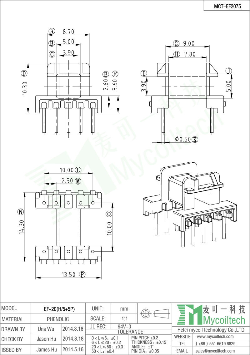 EF20 5+5 pin coil former