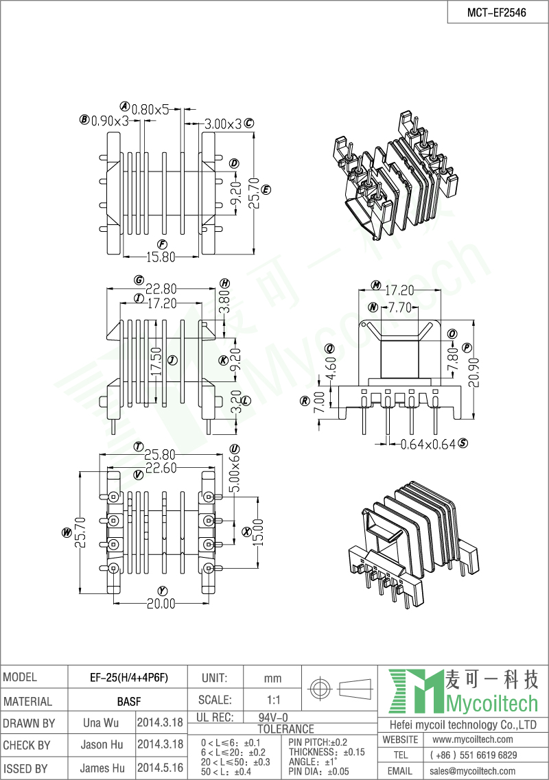 Six slots EF transformer bobbin