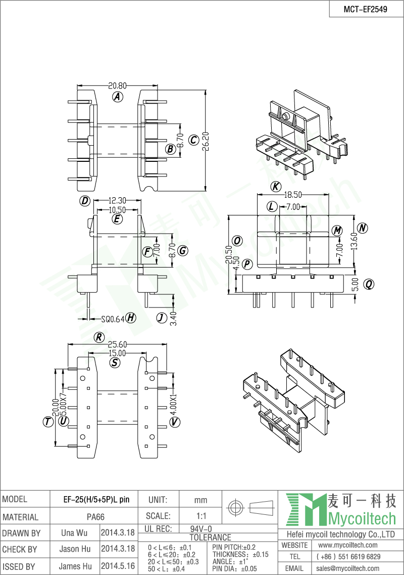 EF25 L pin coil former