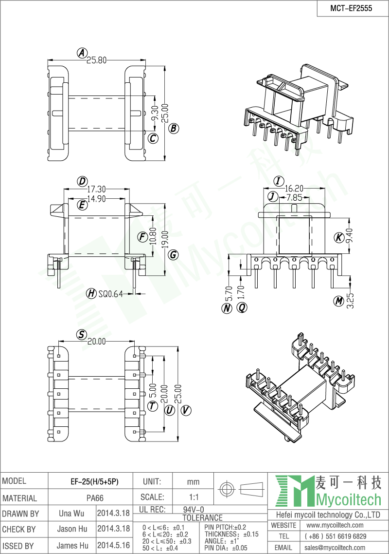 5+5 pins EF25 cil former