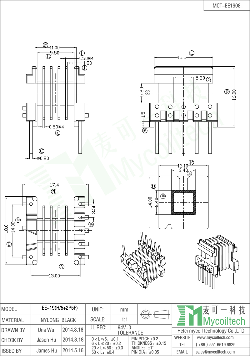 Five slots transformer bobbin EE19