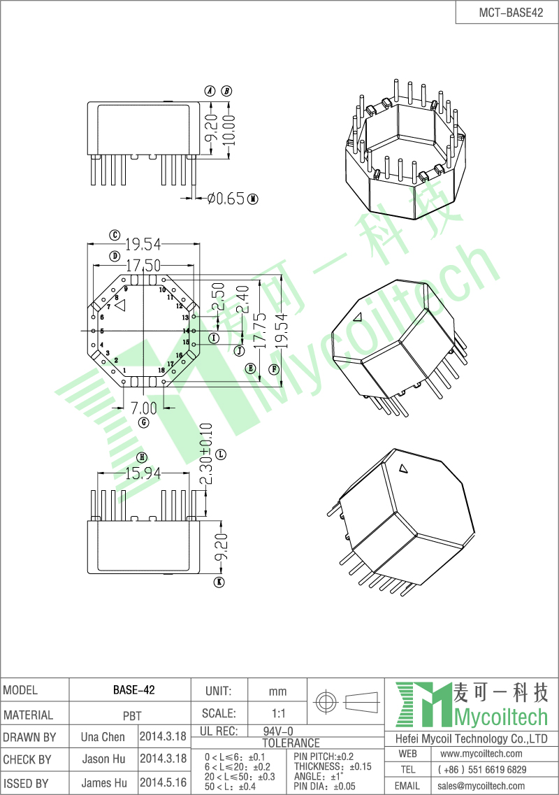 Base for choke coil inductor