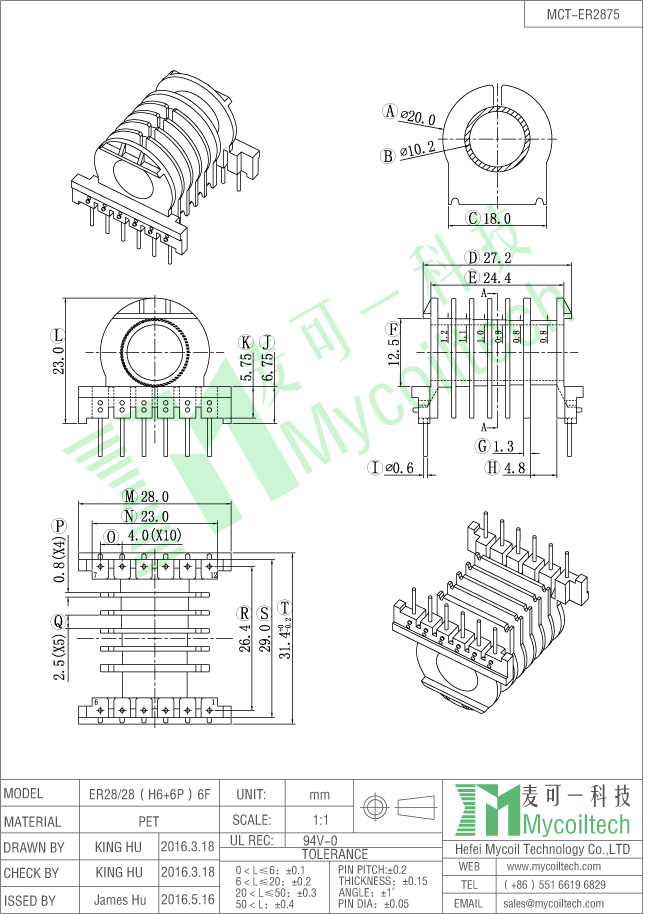 Six slots ER28 coil former