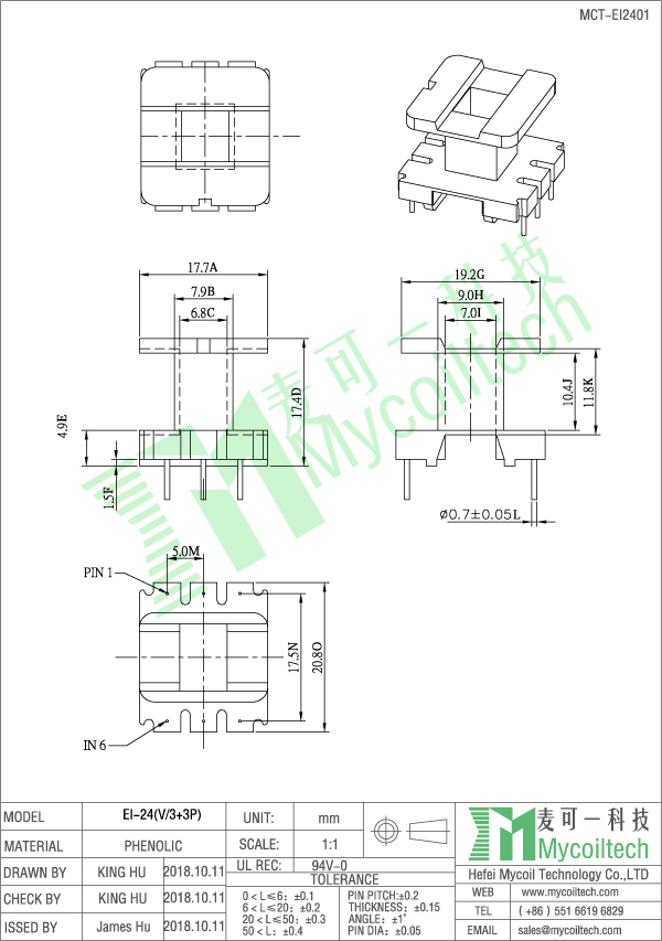 EI24 vertical 3+3 pin bobbin