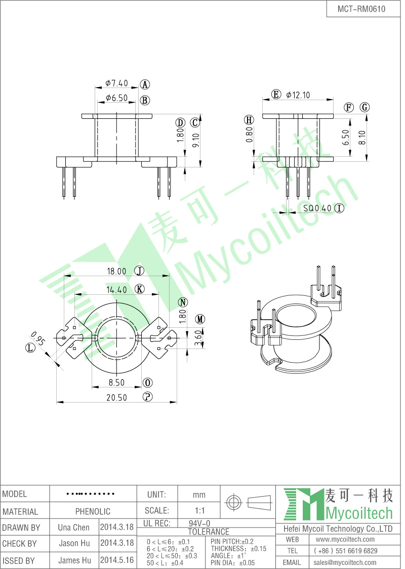 3+3 pins RM6 vertical type bobbin