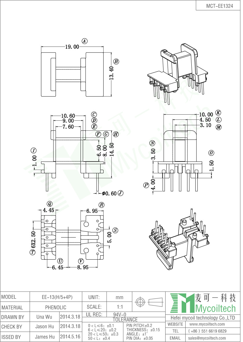 EE13 Transformer Bobbin With 5+4 Pins Phenolic Material.