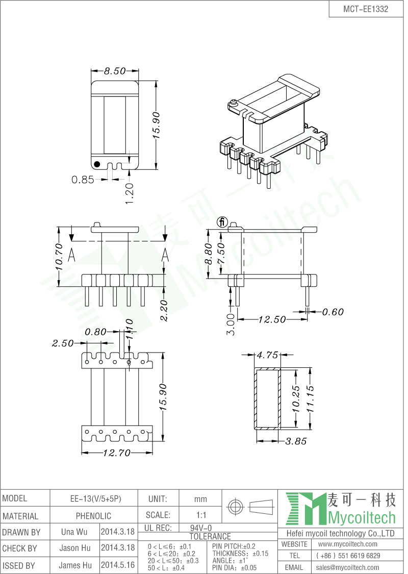 Vertical EE13 Bobbin Penolic Material With 5+5 Pins.