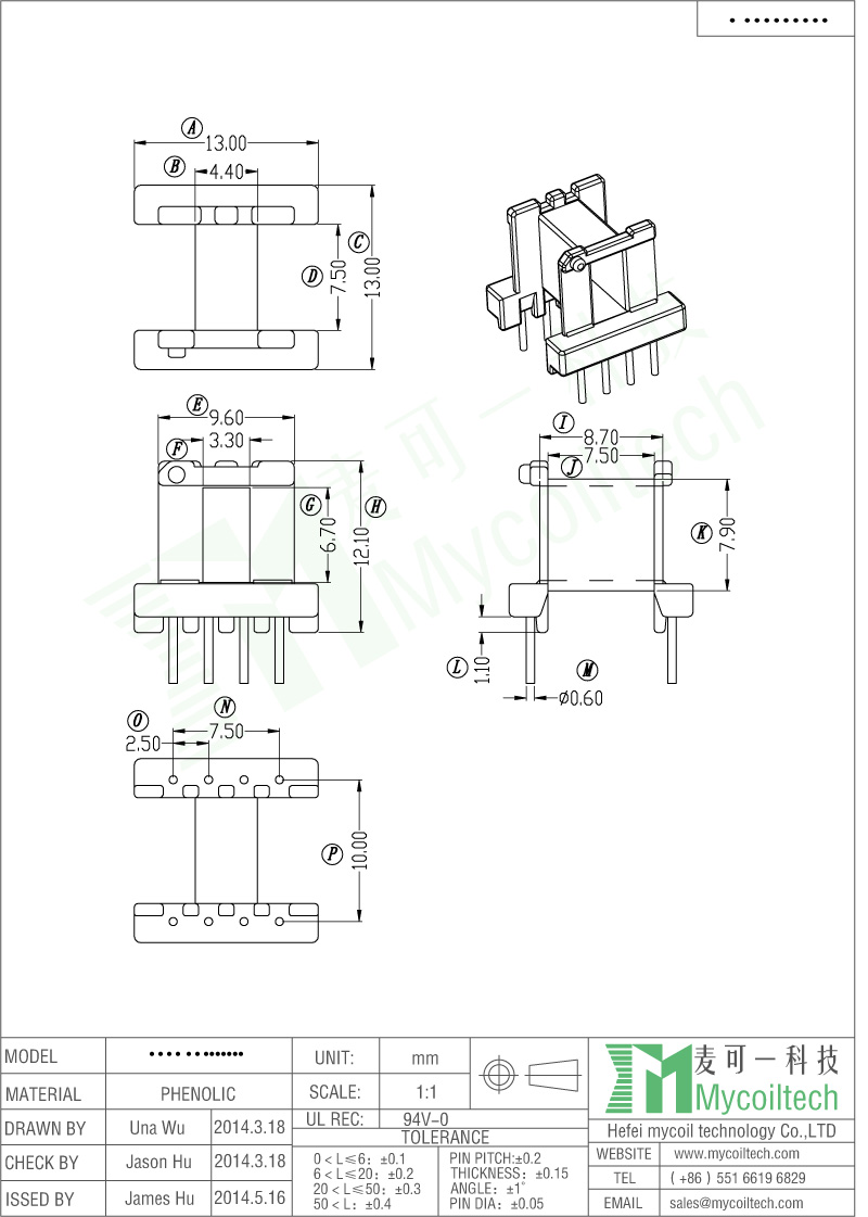 EF13 Transformer Bobbin For PCB Mounting Transformer With 4+4 Pins.