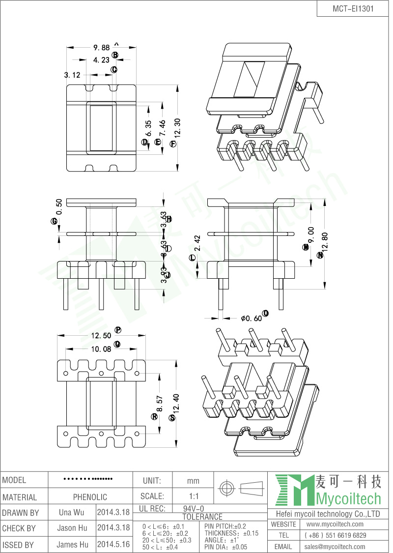 Double Slots EI13 Transformer Bobbin With 3+3 Pins.