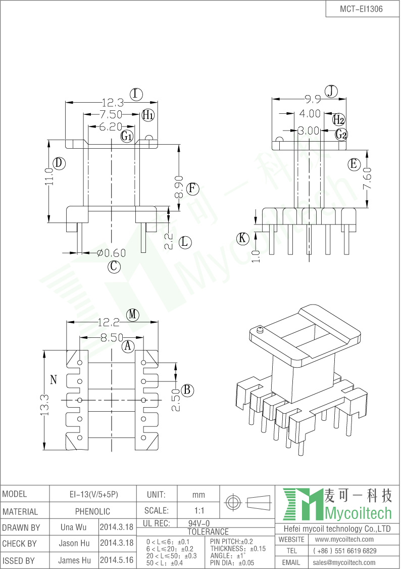 5+5 Pins EI13 Transformer Bobbin Phenolic Material Dip Type.