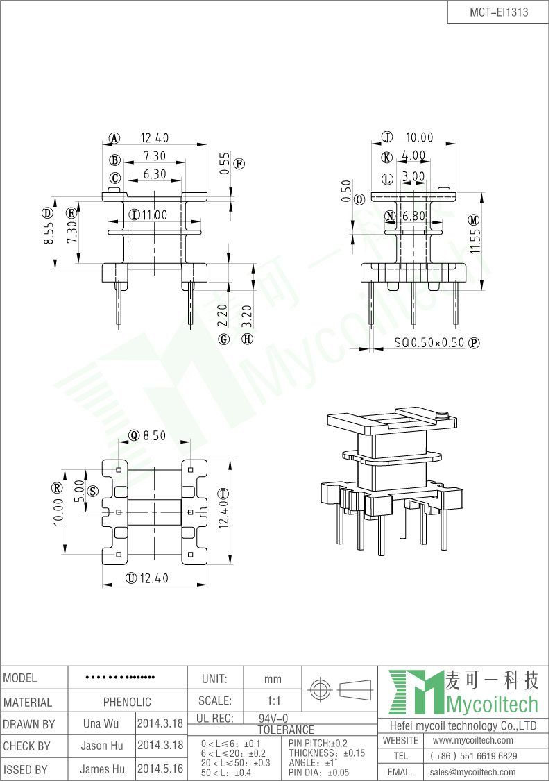 Double Slots EI13 Transformer Bobbin 3+3 Pins Dip Bobbin.