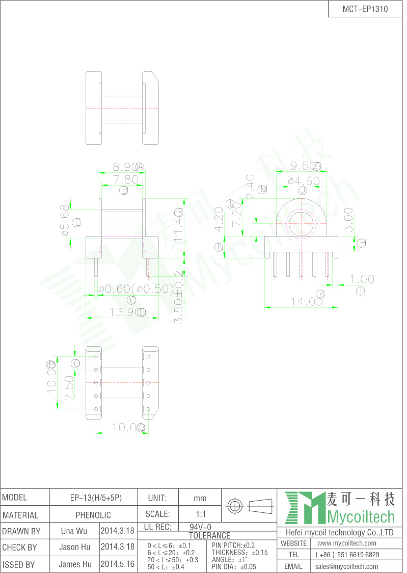 EP13 Transformer Bobbin Horizontal Bobbin 5+5 Pins.