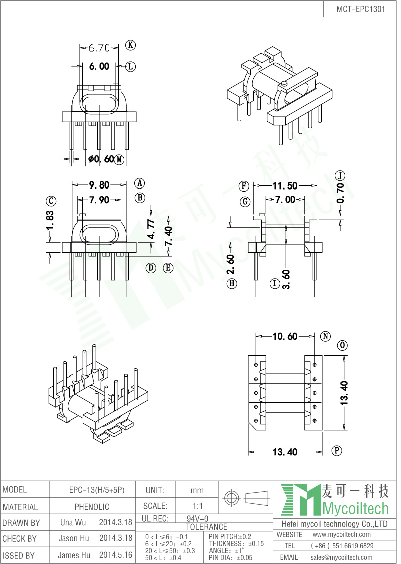 EPC Transformer Bobbin Horizontal Bobbin 5+5 Pins.