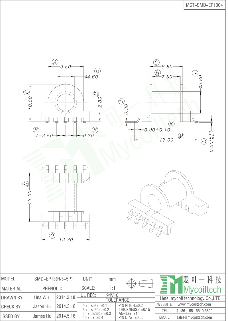 EP13 Transformer Bobbin SMD Bobbin Phenolic Material.