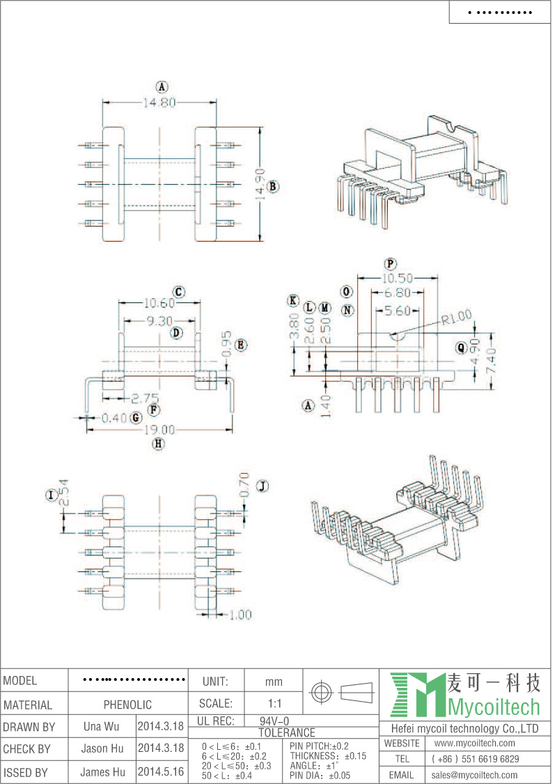 L Pin EFD15 Transformer Bobbin Horizontal Bobbin 5+5 Pins.