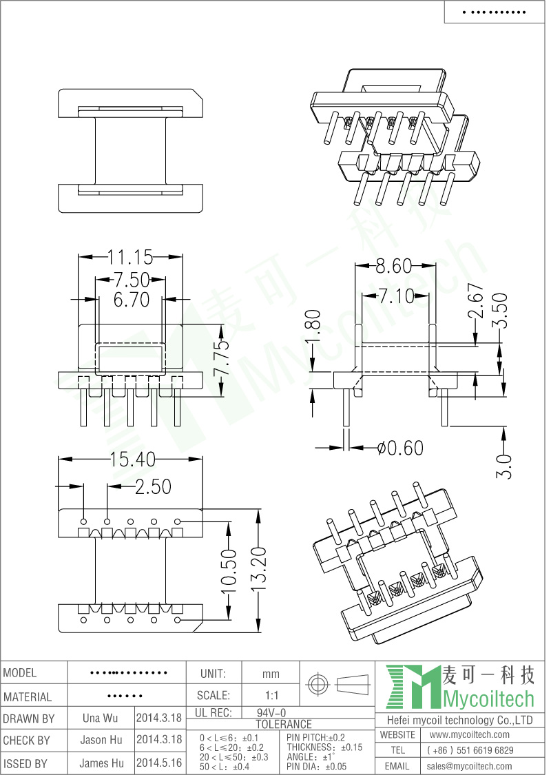 EFD15 Transformer Bobbin Horizontal Bobbin With 5+5 Pins.