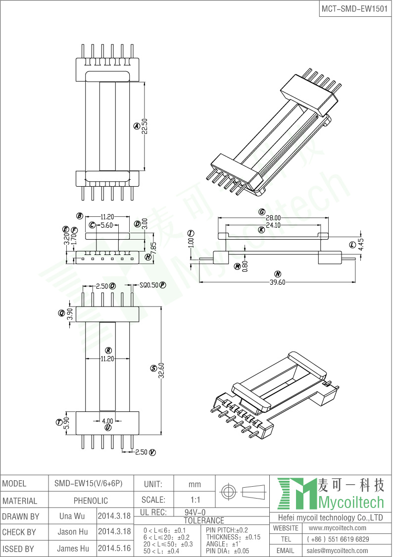 SMD Bobbin EW15 Transformer Bobbin With 6+6 Pins.
