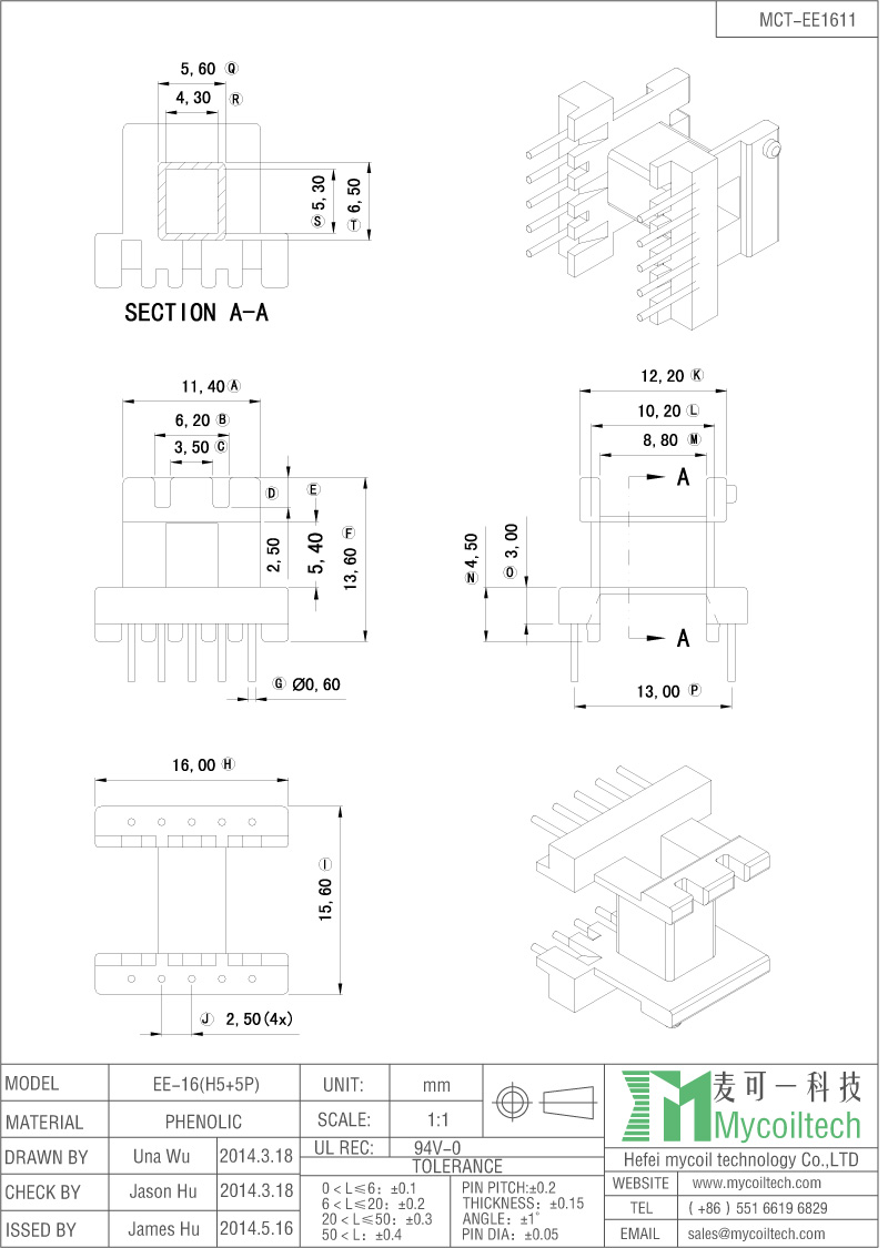 Horizontal Bobbin EE16 Transformer Bobbin With 5+5 Pins.