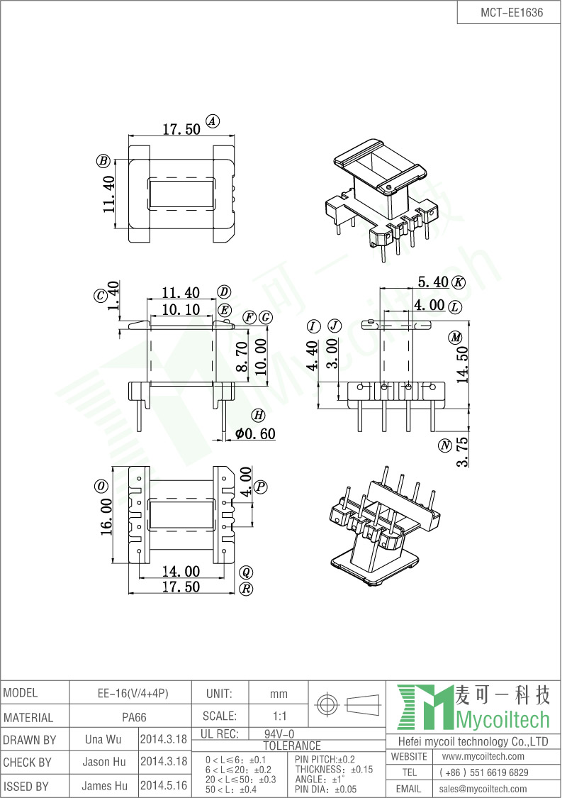 EE16 Vertical Transformer Bobbin Phenolic Material With 4+4 Pins