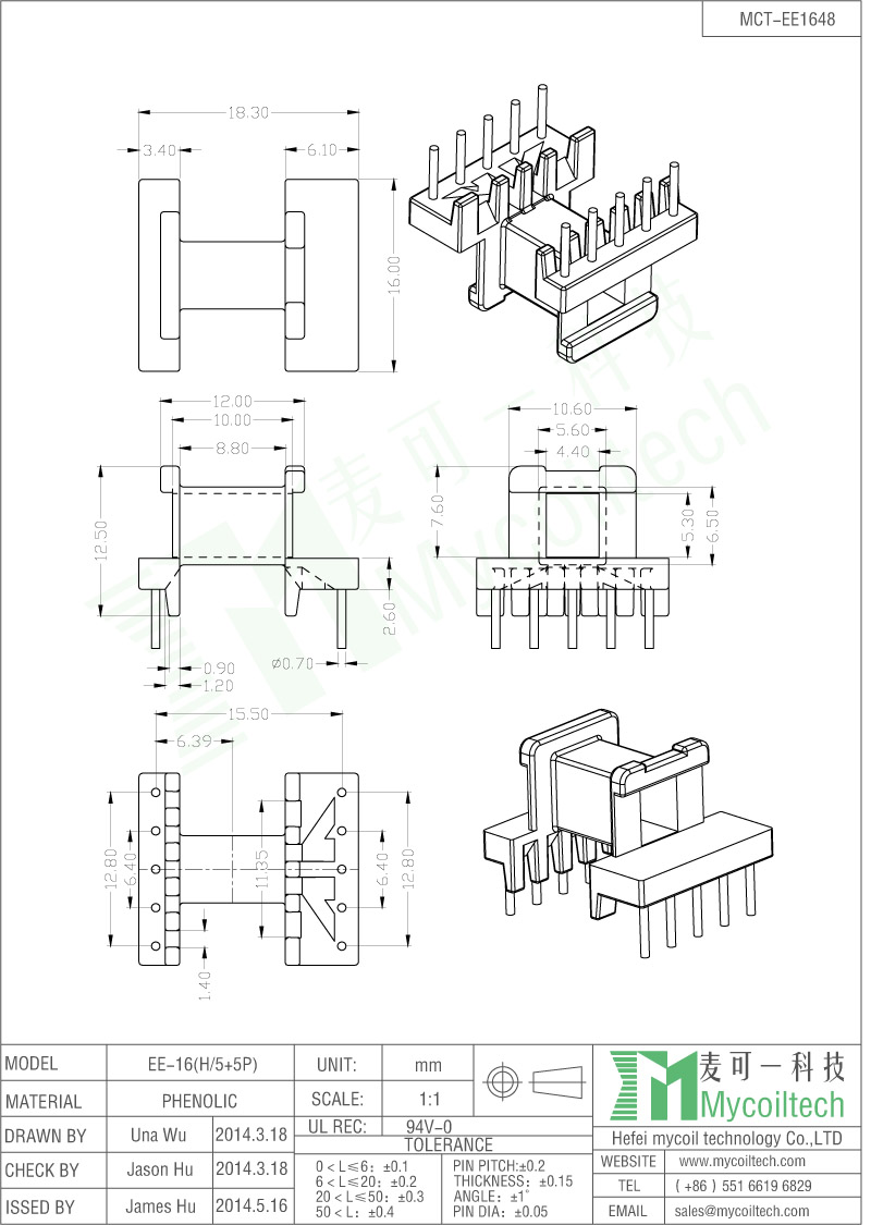 EE16 Horizontal Transformer Bobbin Phenolic Material With 5+5 Pins