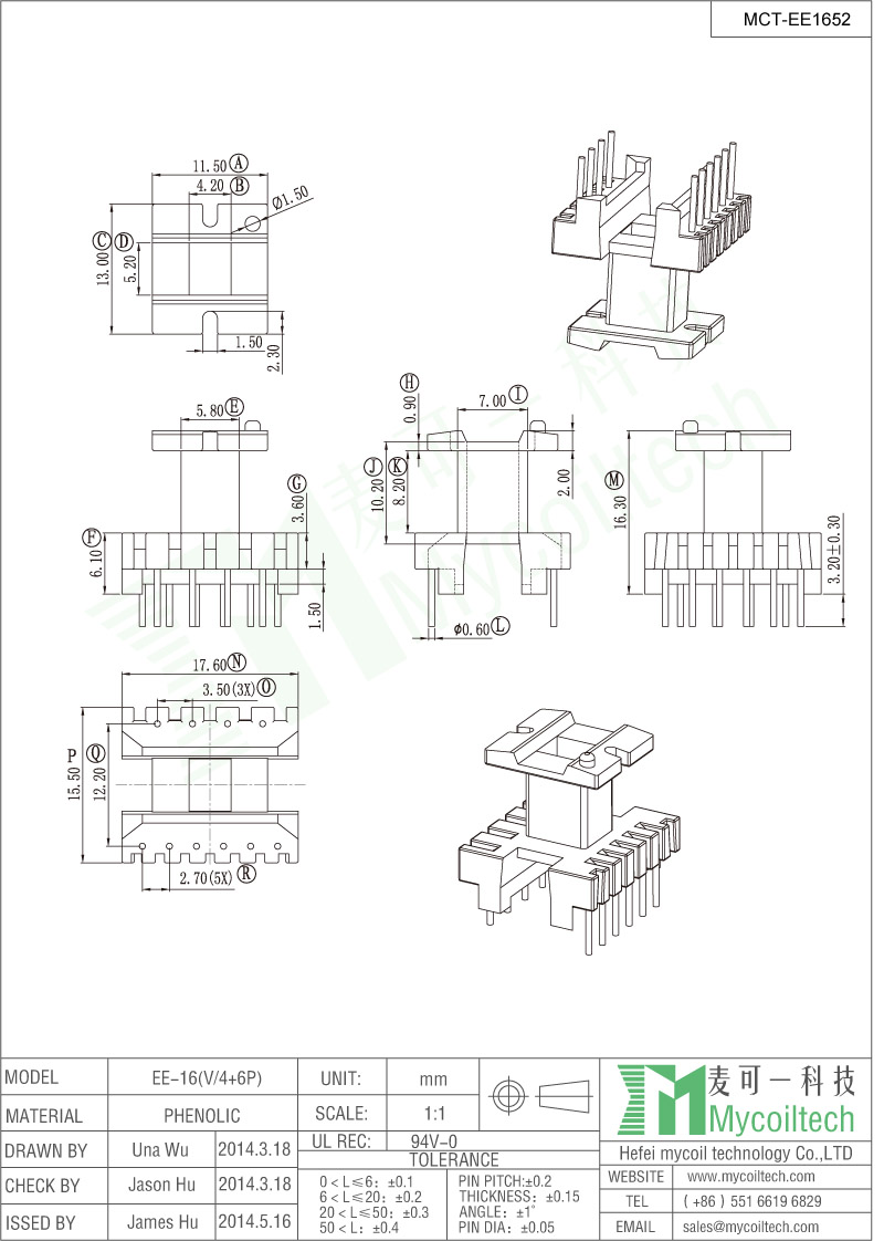 Vertical Bobbin EE16 Dip Transformer Bobbin With 4+6 Pins