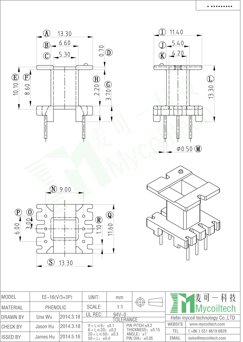 EE16 Vertical Transformer Bobbin Phenolic Material With 3+3 Pins
