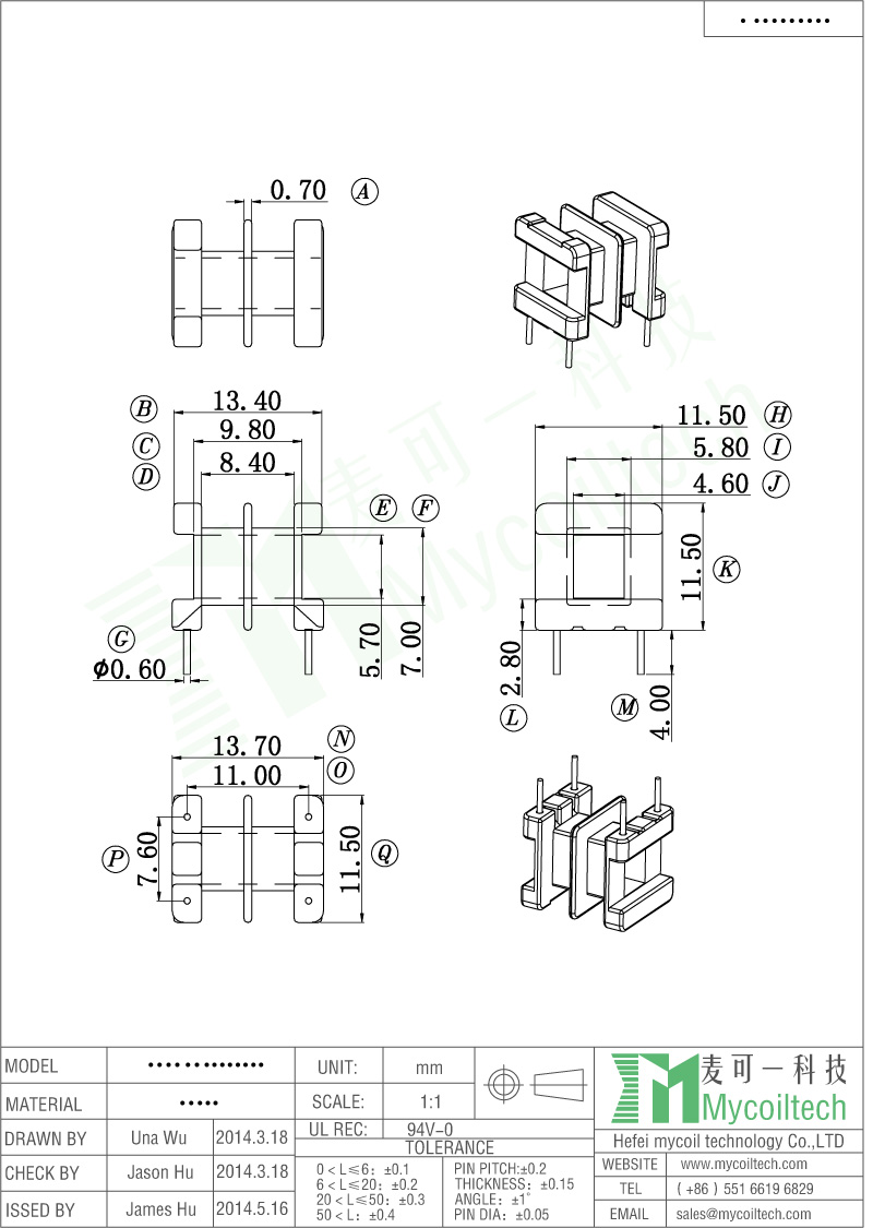 Double Slots EE16 Horizontal Transformer Bobbin With 3+3 Pins