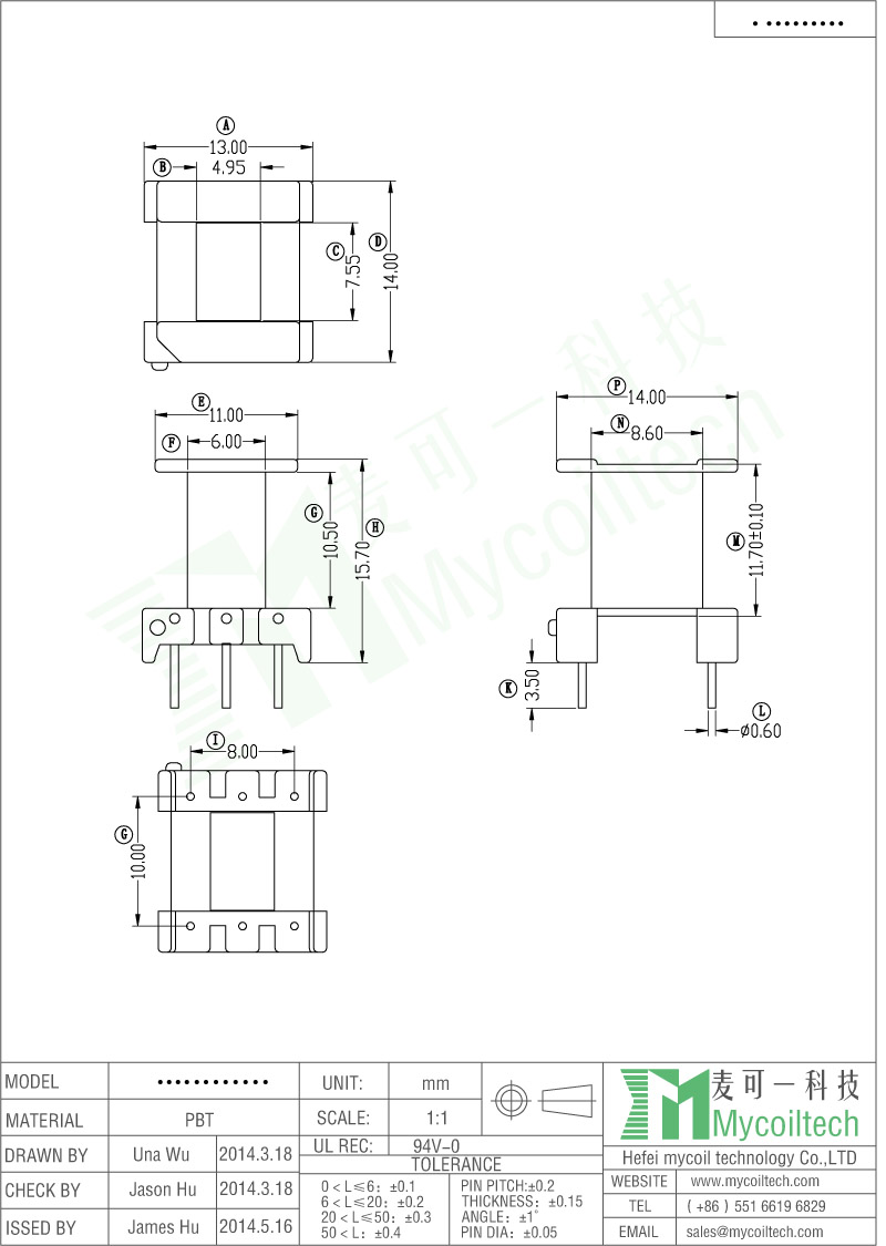 EF16 Vertical Transformer Bobbin With 3+3 Pins