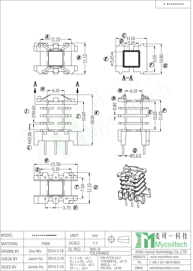 Four Slots EF16 Vertical Transformer Bobbin