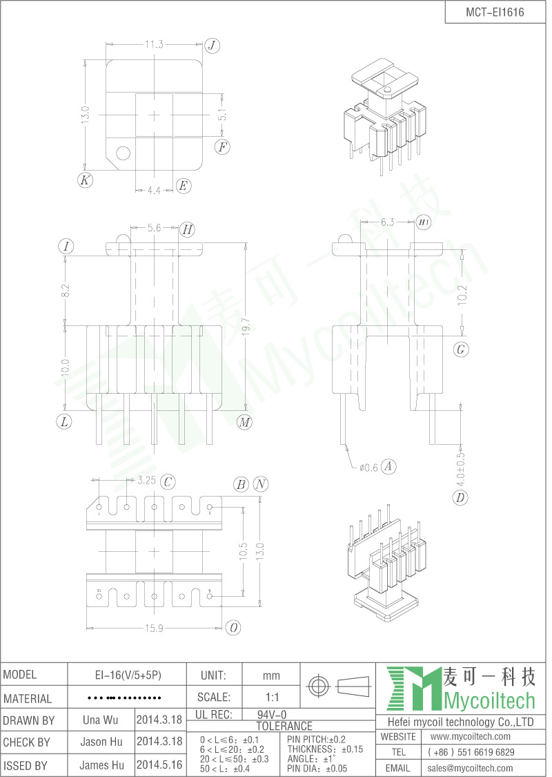 EI16 Vertical Transformer Bobbin With 5+5 Pins