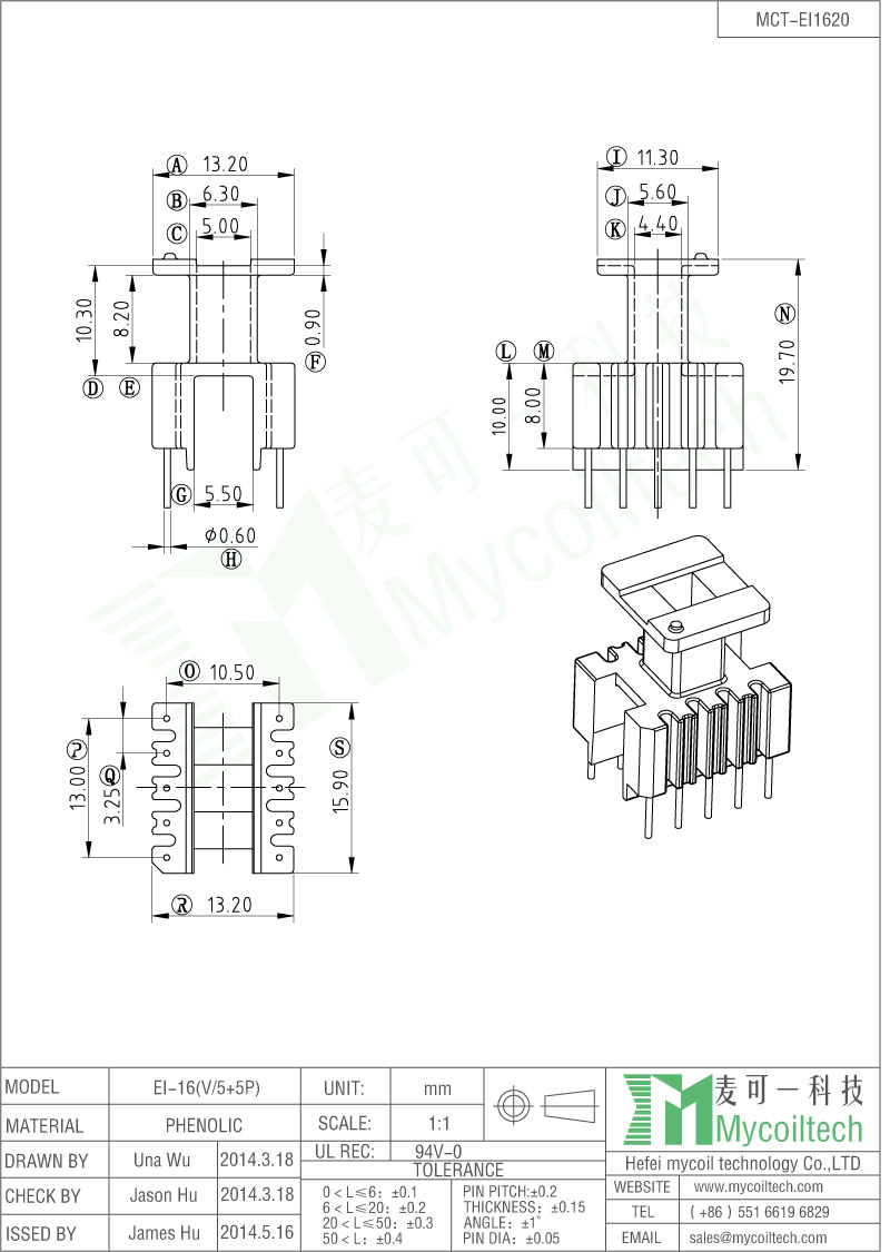 EI16 Vertical Bobbin Phenolic Material With 5+5 Pins