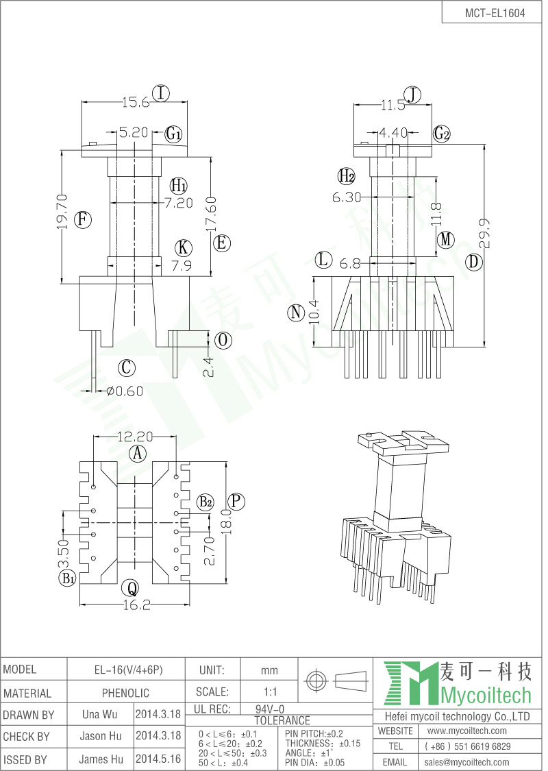 4+6 Pins EL16 Vertical Transformer Bobbin Dip Bobbin