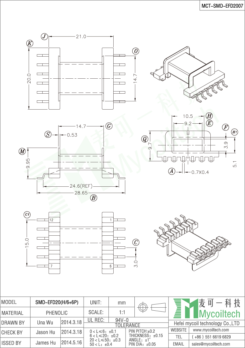 EFD20 6+6 pin coil former