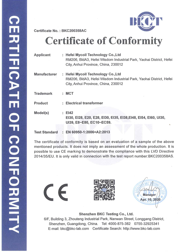 Mycoiltech safety certificate for transformers