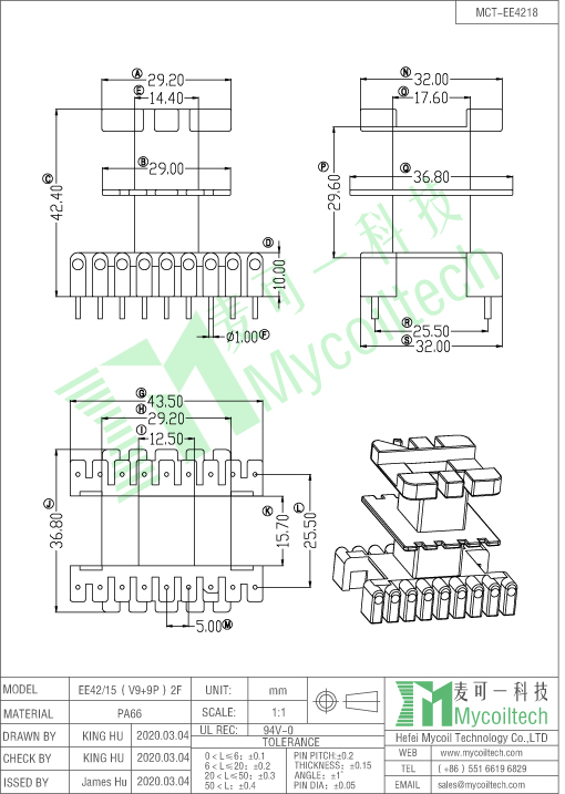 EE42 horizontal coil former