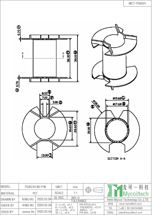 PQ45 magnetic core bobbin