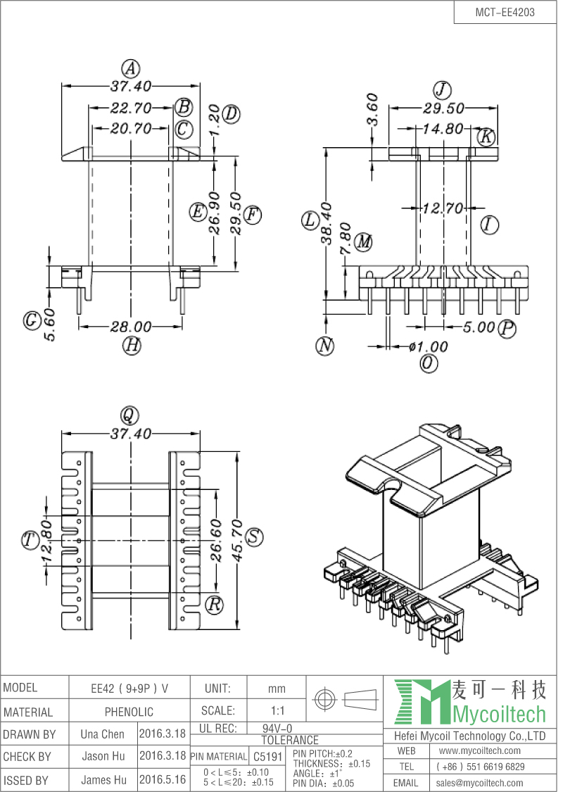 9+9 pin EE42 coil bobbin